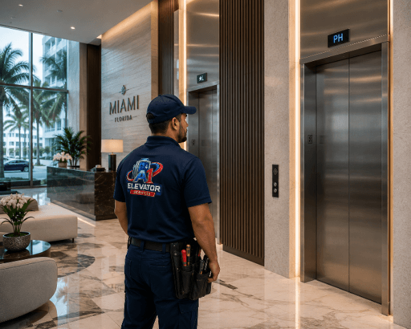 A-1 Elevator technician in a Miami lobby