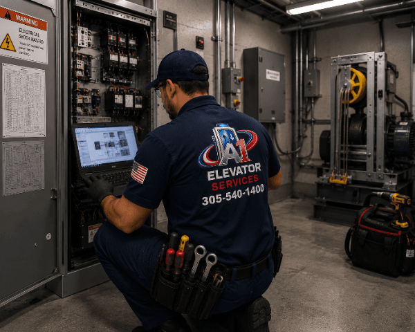 A-1 Elevator technician working on elevator control equipment