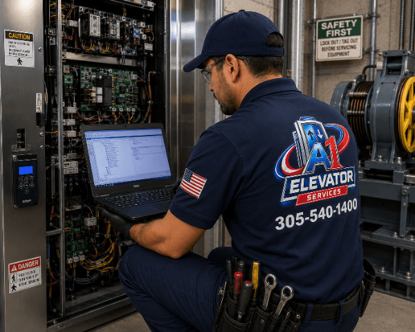 A-1 Elevator technician reviewing elevator diagnostics