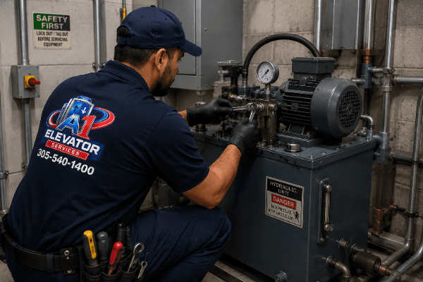 A-1 Elevator technician servicing a hydraulic elevator unit