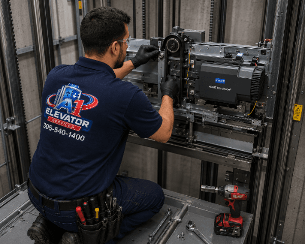 A-1 Elevator technician performing shaft maintenance